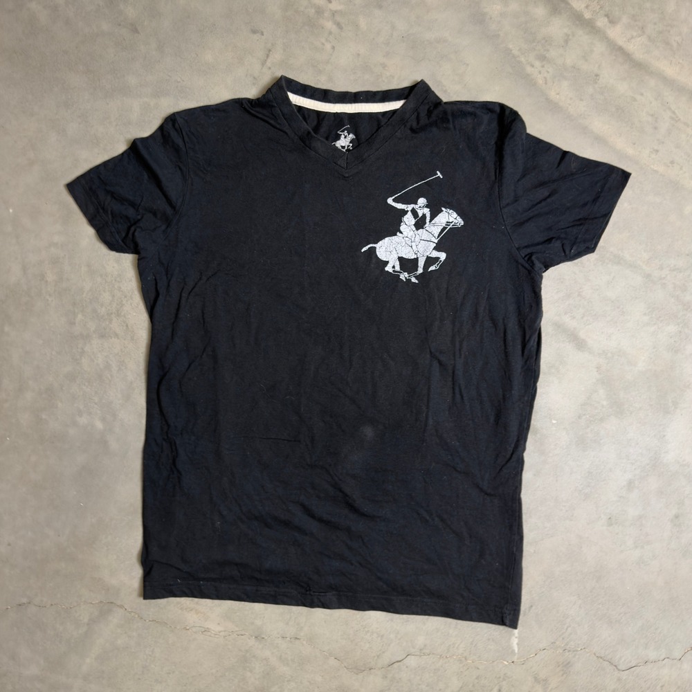 Beverly Hills Polo Club V-Neck T-Shirt Mens Large Black Graphic Logo Sportswear